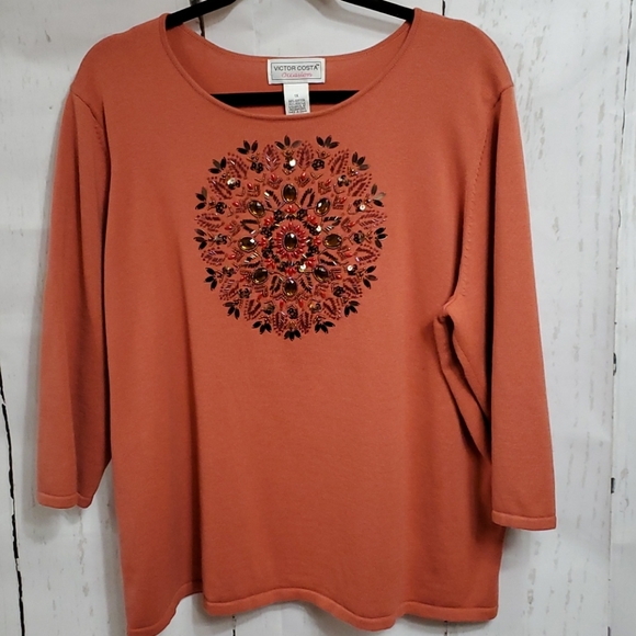 Victor Costa Vintage Plus Coral Beaded Sweater 1X Fall - Picture 7 of 7